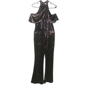 Umgee Women's Shimmering Purple Velvet Off Shoulder Jumpsuit Size M